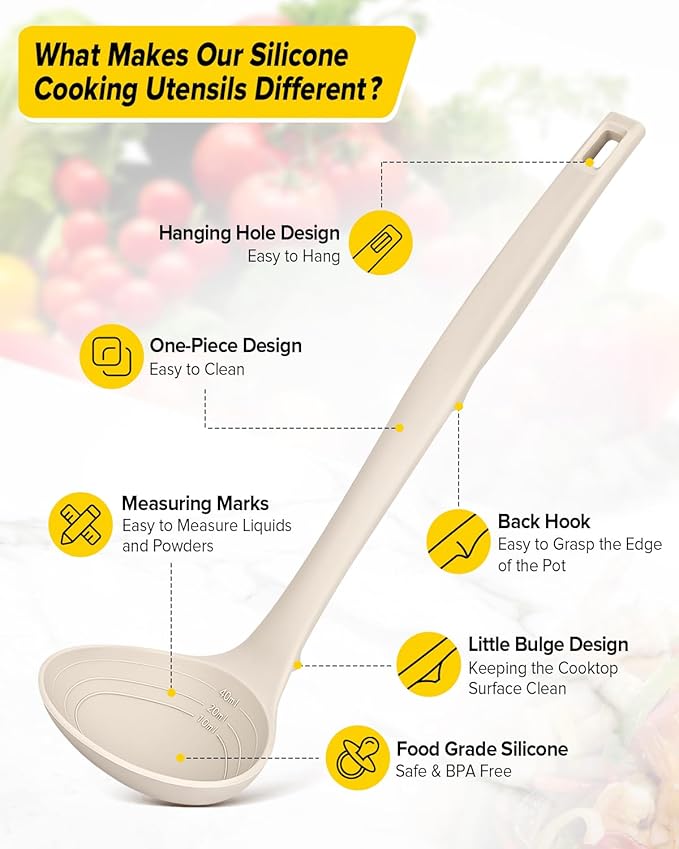 Silicone Pasta Fork and Soup Ladle Set, Heat Resistant Non Stick Kitchen Utensils with Back Hooks, Suitable for Cooking, Stirring, Serving Spaghetti, Soup, Sauce(KHAKI)
