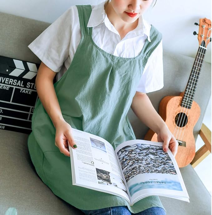 NEWGEM Japanese Cotton Linen Cross Back Cooking Apron for Women Men with Pockets Cute for Baking Kitchen