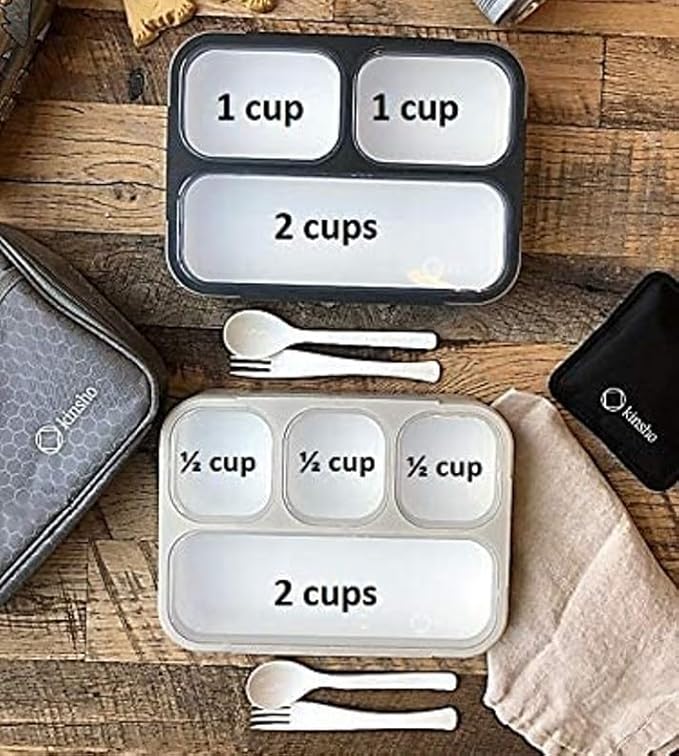 kinsho Bento-Box Lunch-Box Kids & Adults, Meal, Lunch Snack Containers For Boys & Girls, School Work Travel, 4 Divided Compartments, Japanese Style, Bpa Free, Utentils Included (Grey + Black, 2 Pack)