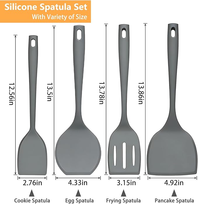 Silicone Spatula Turner Set, 600°F High Heat Resistant Spatulas for Cooking, BPA Free, Large Flexible Kitchen Utensils Flipping Eggs, Pancakes, Fish, Burgers, Dishwasher Safe (4 Pack, Gray)