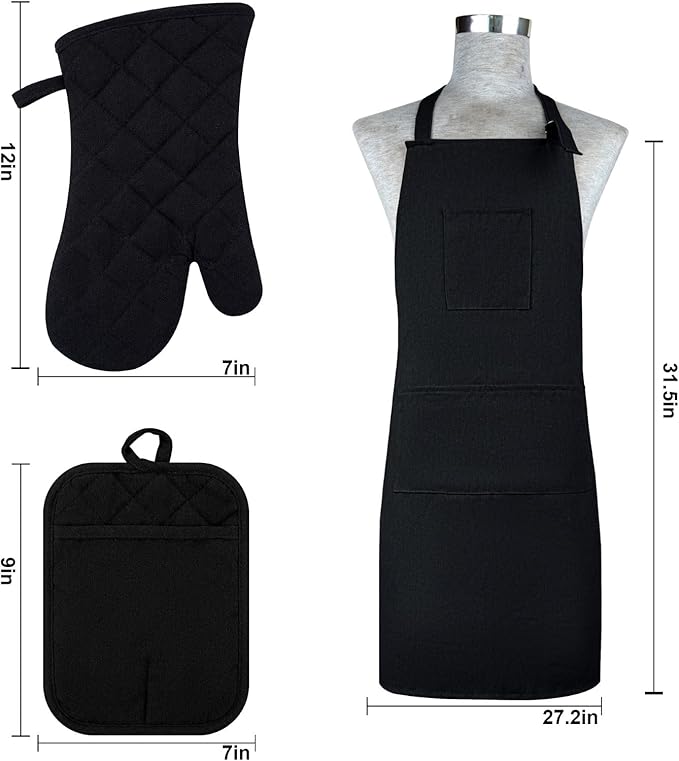 Oven Mitts and Pot Holders with Cooking Apron Set of 5, Heat Resistant Kitchen Gloves and Silicone Non-Slip Potholders, Adjustable Neck Buckle Chef Apron, Cotton Nice Design for Cooking (Black)…