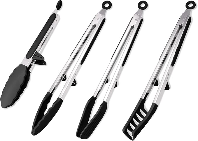 4in1 Stainless Steel Kitchen Food Tongs Set for Cooking with Silicone Tips, Toaster Steak Pie Pizza Pasta Spaghetti Noodles Salad Fruit Vegetable Grill BBQ Buffet Clamp Serving Tools Gadgets