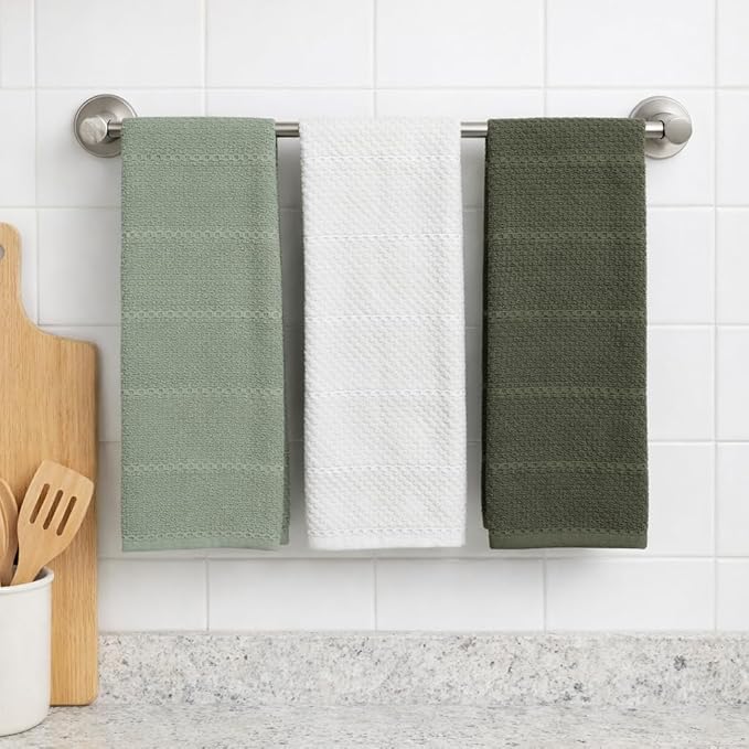 Sage White Dark Green Kitchen Hand Dish Towels: Oversized 28" x 18",100% Cotton Cloth Soft Cleaning Drying Absorbent Textured Design, Set of 3 Multipurpose for Everyday Use (Natural Collection)
