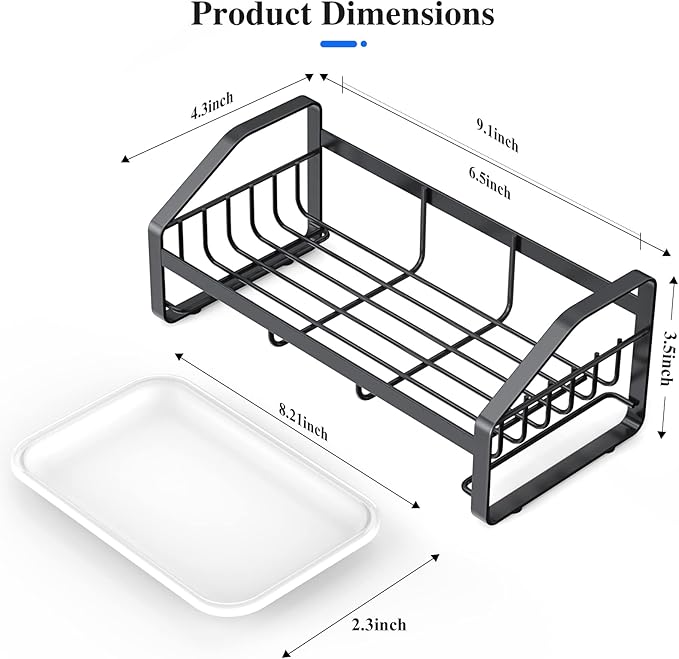 BSKSSK Sink Caddy, Sponge Holder for Kitchen and Bathroom, 304 Stainless Steel Countertop Organizer Soap Tray With Removable Drain Tray - Black Length Version