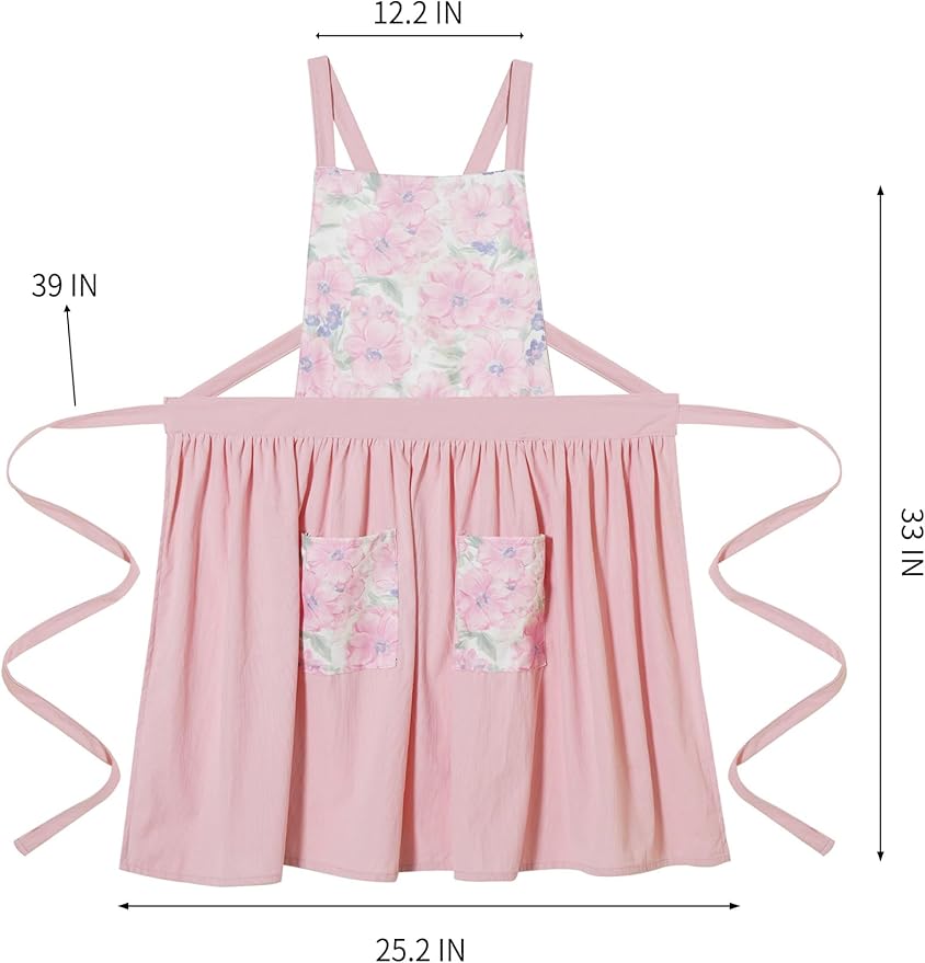 Pinknoke Vintage Pinafore Apron Dress for Women with Pockets Cute Floral Chef Aprons for Kitchen Cooking Baking Gardening