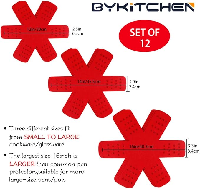 BYKITCHEN Pan Pot Protectors, Larger & Thicker Pan Protector with Stars, Set of 12 and 3 Different Sizes, Red Pot Divider Pads for Protecting and Separating Your Cookware