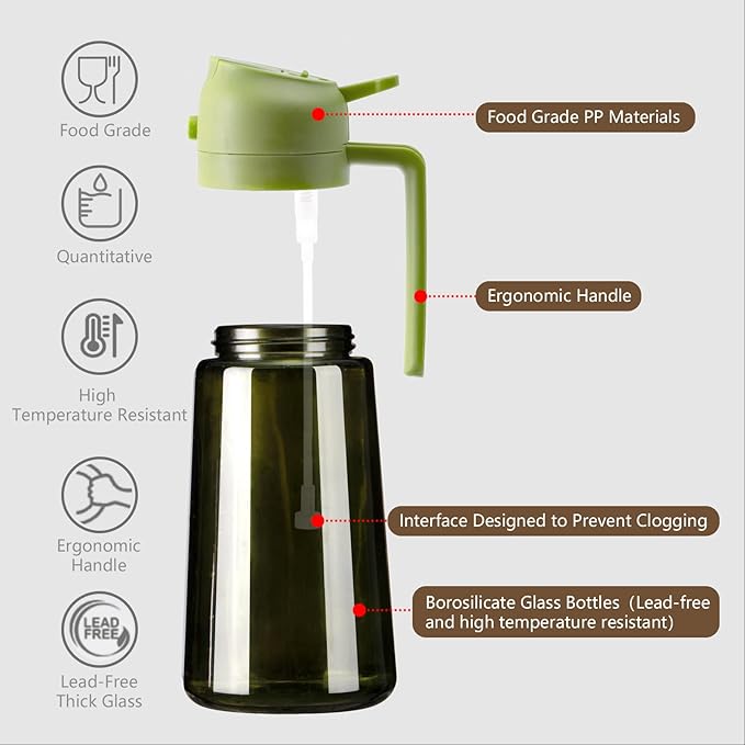 SWEET VIEW Olive Oil Dispenser and Oil Sprayer – 16oz/470ml Glass Light-Proof Oil Pourer for Kitchen, Air Fryer, Cooking, Salad, and BBQ