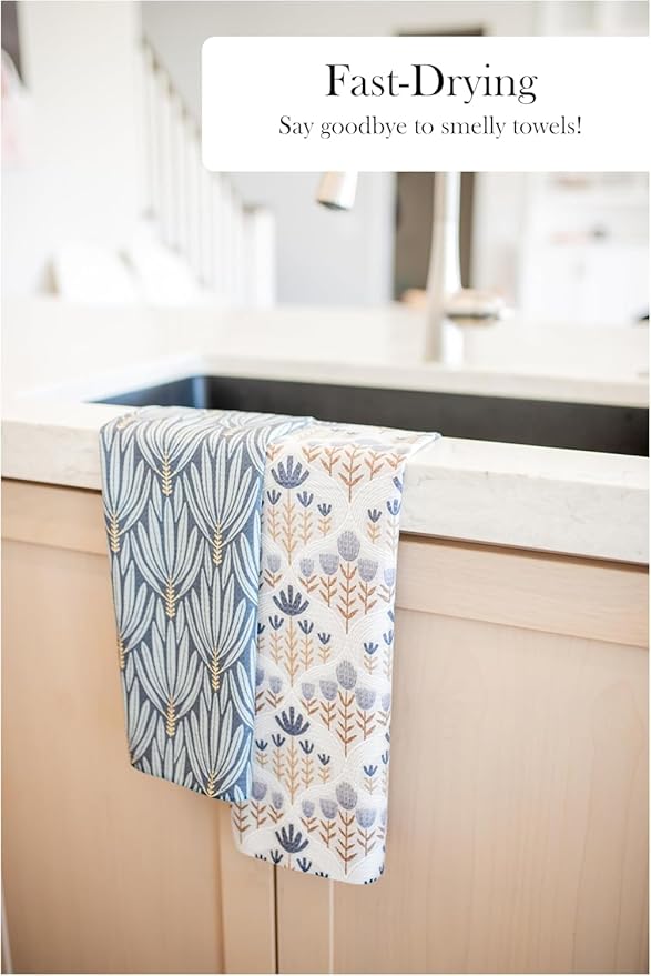 Premium Kitchen Tea Towel | Microfiber Waffle Weave | Quick Dry | Super Absorbent | Double-Sided Designer Prints | 2 Pack (Marigold)