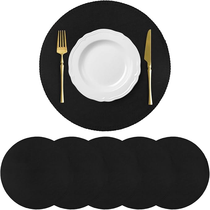 Round Placemats Set of 6, 15 Inch Linen Fabric Table Placemats, Heat Resistant, Wrinkle Free Washable Placemats Kitchen Place Mats Set of 6 for Dining Table Party Table (Black, 6)
