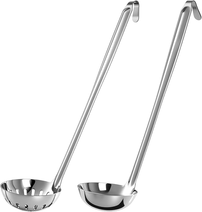 Stainless Steel Soup Ladle Serving Ladle Scoop and Slotted Spoon Set of 2 with Hook for Hanging, Cooking Utensils Set for Kitchen(2 oz)