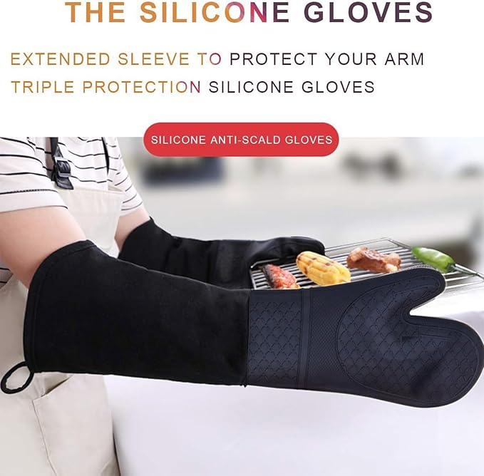 Linwnil Extra Long Silicone Oven Mitts Heavy Duty Commercial Grade Oven Mitts Heat Resistant BBQ Gloves with Quilted Cotton Lining 2 Pack (Black)