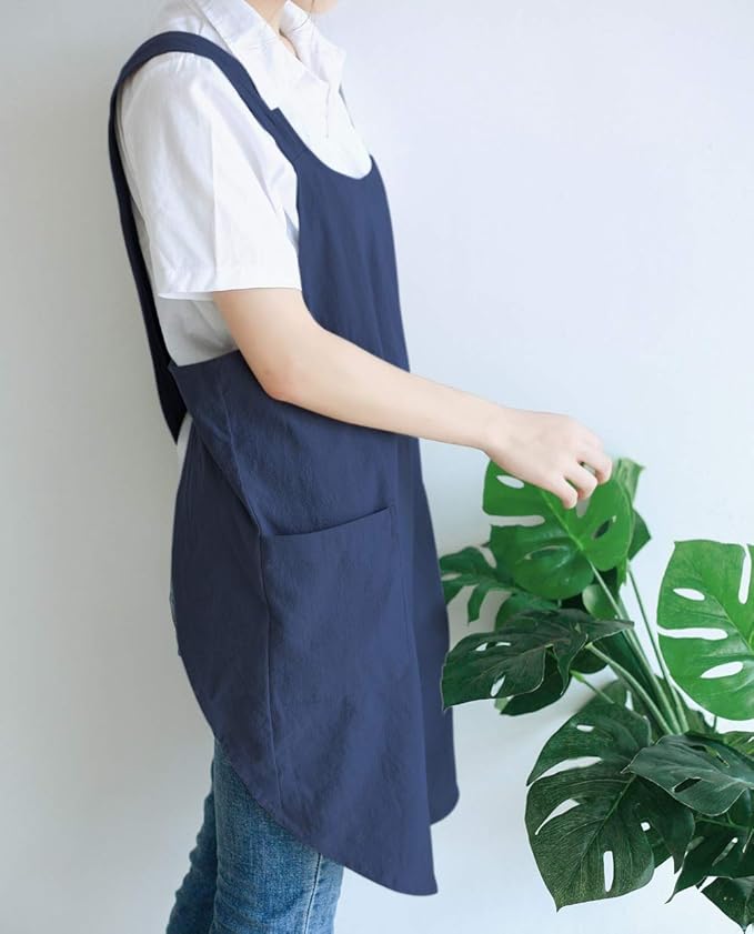 NEWGEM Japanese Cotton Linen Cross Back Cooking Apron for Women Men with Pockets Cute for Baking Kitchen