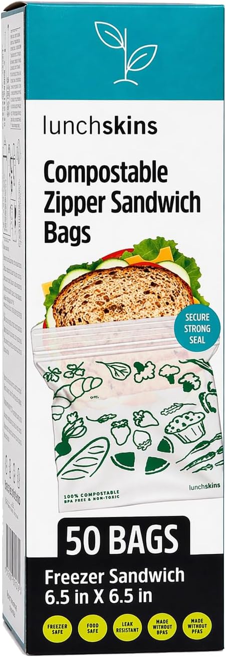 Lunchskins Ziptop BPI Certified Compostable & Resealable Freezer-Safe Food Storage Bags, Sandwich Size, 50 Bags - Eco-Friendly, Made Without PFAS and BPA