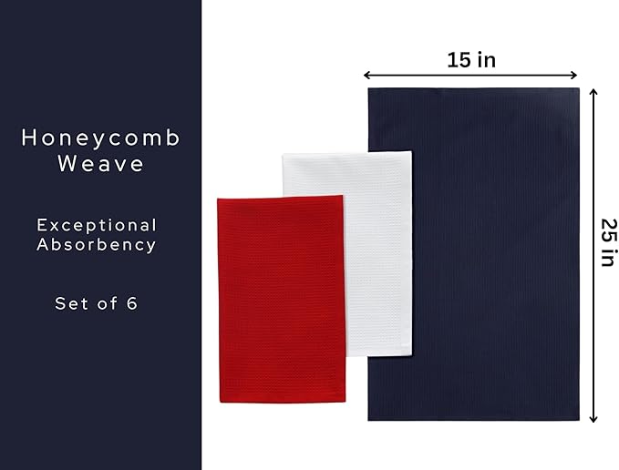 PurpleEssences 4th of July Waffle Weave Kitchen Towel, 100% Cotton - 15x25 Inches with Hanging Loop, Ultra Soft Absorbent Quick Drying Dish Cloth, Tea and Hand Towels, 6 Pack - Summer - Red Blue White
