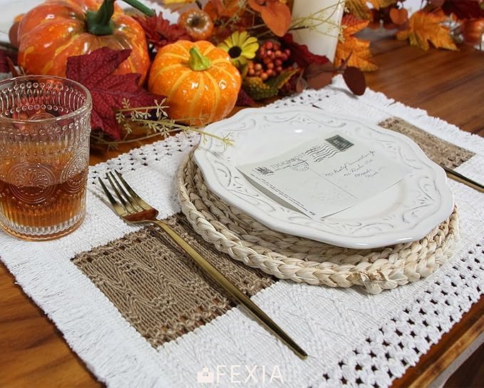 FEXIA Boho Placemats Set of 6, Macrame Table Decor Farmhouse Style Placemats in Natural Cotton Burlap, for Kitchen and Dining Table Centerpiece Home Decorations（Beige & Brown）