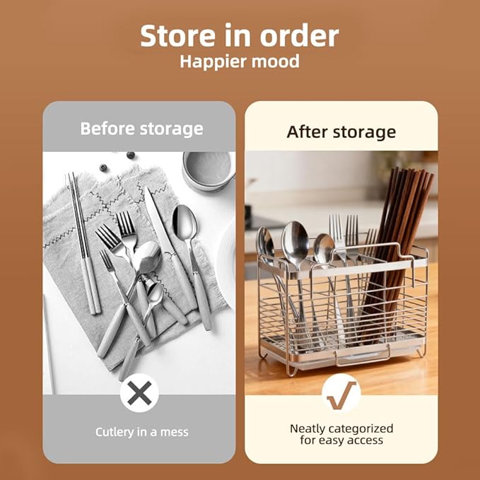 Kitchen Utensil Holder, Stainless Steel Utensil Drying Rack with Hooks, Utensil Holder Counter Organizer, 3 Compartments for Forks, Knives, Spoons, Chopsticks & Cooking Tools (Silver)