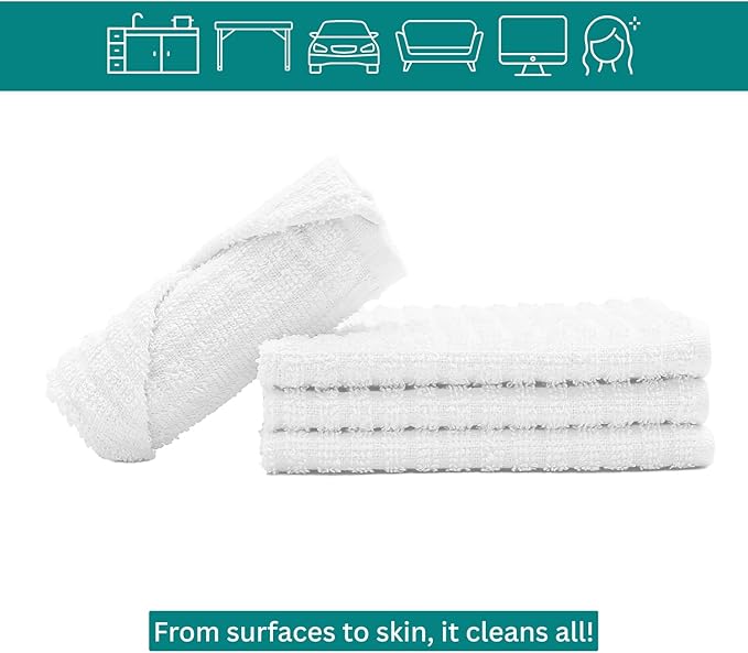 Looperry White Terry Cloth Rags (16 Pack) 16"x19" Inches Ribbed - Lint Free Dish Cloth Multipurpose Cleaning Rags for Housekeeping, Car Wash. Absorbent & Reusable Bar Mop Towels for Kitchen Cotton