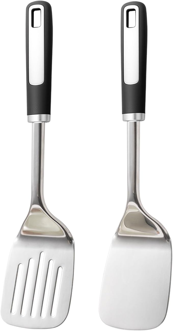 2-Piece Stainless Steel Spatula Set, Heavy Duty Thickened Metal Spatulas for Cooking, Wide Turner & Slotted Spatula, Rust-Resistant Steel Kitchen Spatulas for Grilling, Frying & Cast Iron