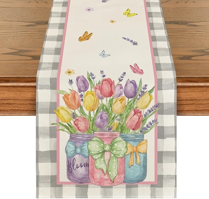 Artoid Mode Buffalo Plaid Vase Lavender Tulip Spring Table Runner, Seasonal Kitchen Dining Table Decoration for Home Party Decor 13x48 Inch