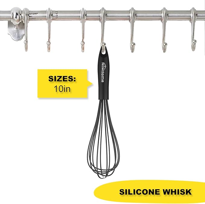 NileHome Silicone Whisk 10" Kitchen Whisk Kitchen Wisk Wire Whisks for Cooking, Whisking, Blending, Beating, Stirring-Black