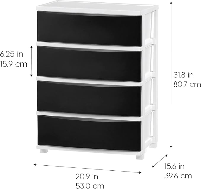 IRIS USA Plastic Drawer Storage Organizer, 4-Drawers, for Classroom Art Supplies Bathroom Dorm Bedroom Laundry Room, Wide, White Frame with Matte Black Front Panels