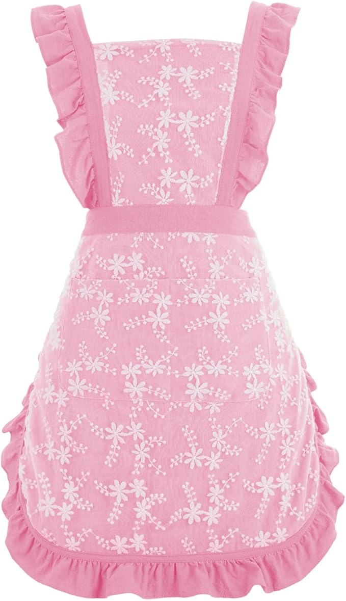 Pinknoke Vintage Pinafore Apron Dress for Women with Pockets Cute Floral Chef Aprons for Kitchen Cooking Baking Gardening