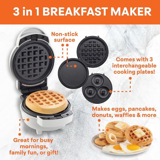 MasterChef 3-in-1 Mini Breakfast Maker- Make Eggs, Pancakes, Donuts, Waffles & More in 1 Easy to Use Appliance! 3 Removable Non-Stick Cooking Plates for Quick Cleaning & Storing- Compact Baker Cooker