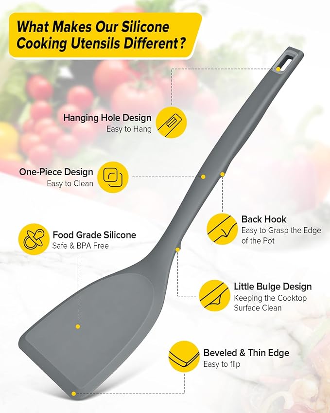 Pack of 2 Silicone Spatula Turner, Non Stick Kitchen Spatulas Set with Back Hooks, Heat Resistant BPA Free Kitchen Utensils, Suitable for Flipping Fish, Eggs, Steak, Pancakes(GRAY)