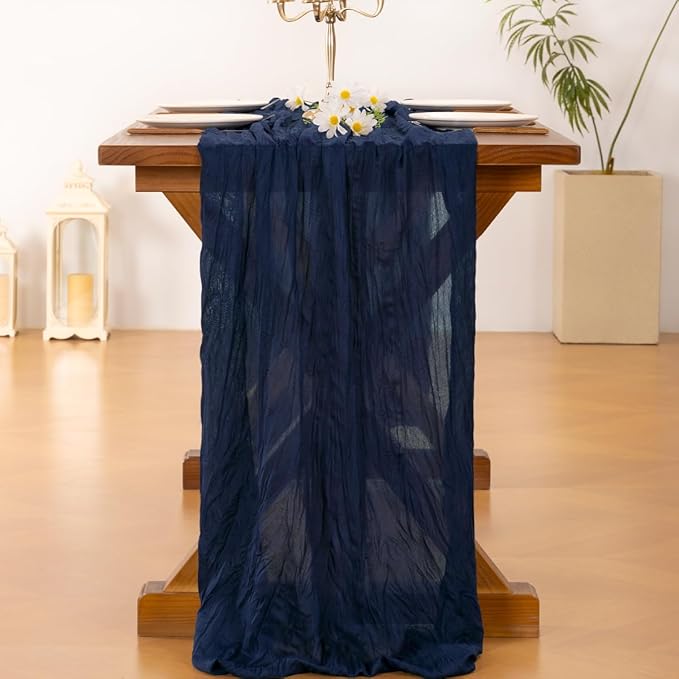 Socomi 6pcs Navy Blue Easter Spring Cheesecloth Table Runner Boho Rustic Gauze 120 inch 10FT Cheese Cloth Runner for Wedding Party Baby Shower Birthday Home Decor Holiday Decorations