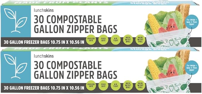 Lunchskins Ziptop Home Compostable & Resealable Freezer-Safe Food Storage Bags, Gallon Size, 60 Bags - Eco-Friendly, Made Without PFAS and BPAS