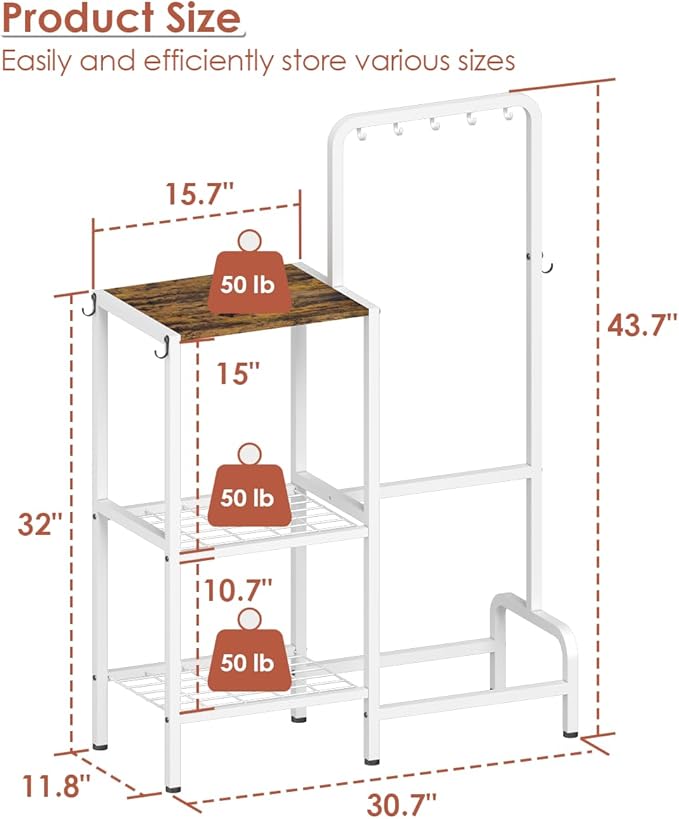 mocomax Kitchen Stand Shelf with Storage, 3-Tier Utility Baker's Rack for Spices, Adjustable Coffee Bar Station with 8 Hooks, Space-Saving Microwave Oven Stand for Pots, Pans & Utensils, White