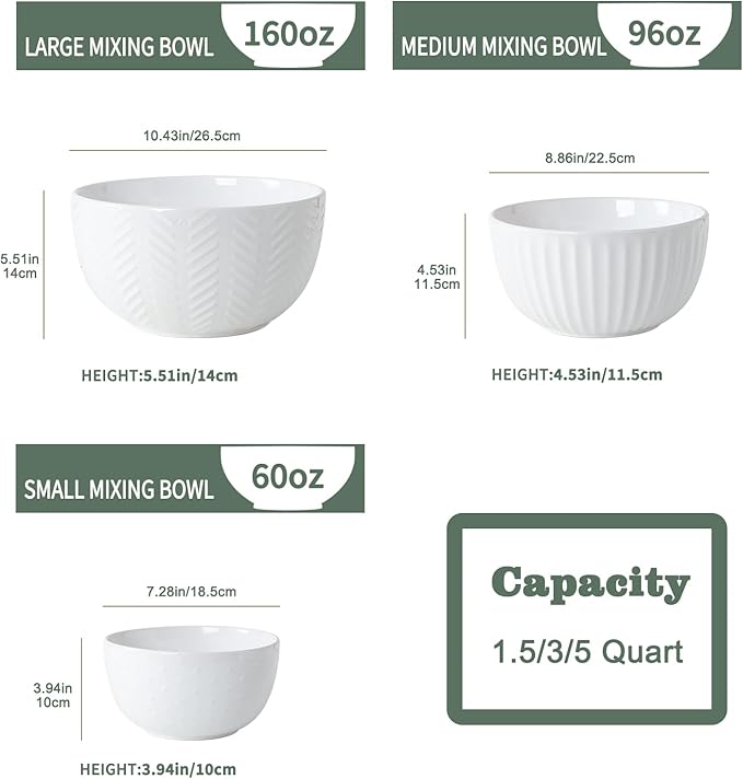 HAPPY KIT Ceramic Mixing Bowls Set, Nesting Bowls Set For Kitchen,Large 5/3/1.5 Quart Bowl Set of 3, Prep Serving Bowl for Baking and Mixing Salad,Oven, Microwave and Dishwasher Safe