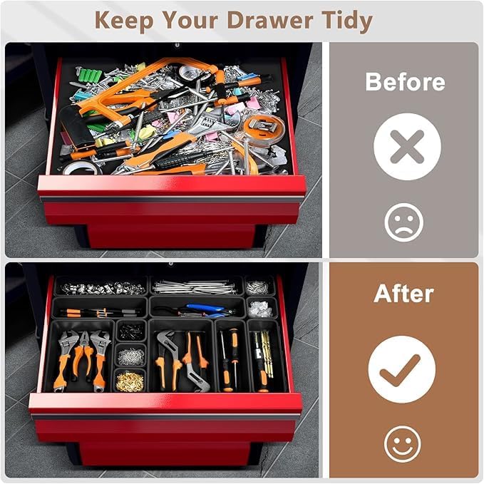 A-LuGei 【𝟲𝗦𝗜𝗭𝗘 & 80PCS Tool Box Organizer【Fits 100+ Tools】 Black Garage Organization and Storage Tray Divider Set, Desk Drawer Organizer, Toolbox for Rolling Tool Chest Cart WorkBench Small Part