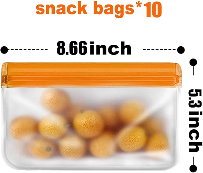 10 Pack Reusable Snack Bags, Extra Thick BPA Free, Dishwasher & Freezer Safe Food Storage Bags for Lunch, Snacks & Home Organization (Orange, 10 Pack Snack Bags) | 8.6"W × 5.3"H