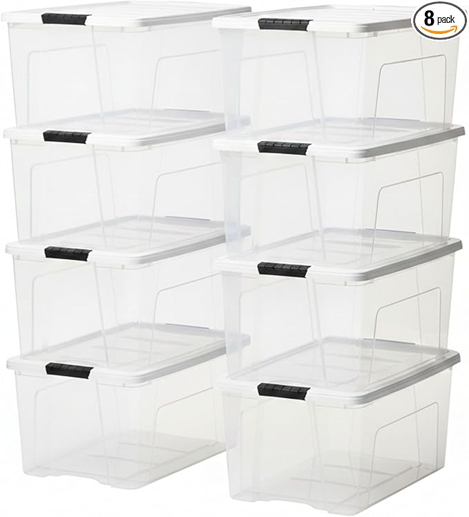 IRIS USA 72 Qt Stackable Plastic Storage Bins with Lids, 8 Pack - BPA-Free, Made in USA - See-Through Organizing Solution, Latches, Durable Nestable Containers, Secure Pull Handle - Clear/White
