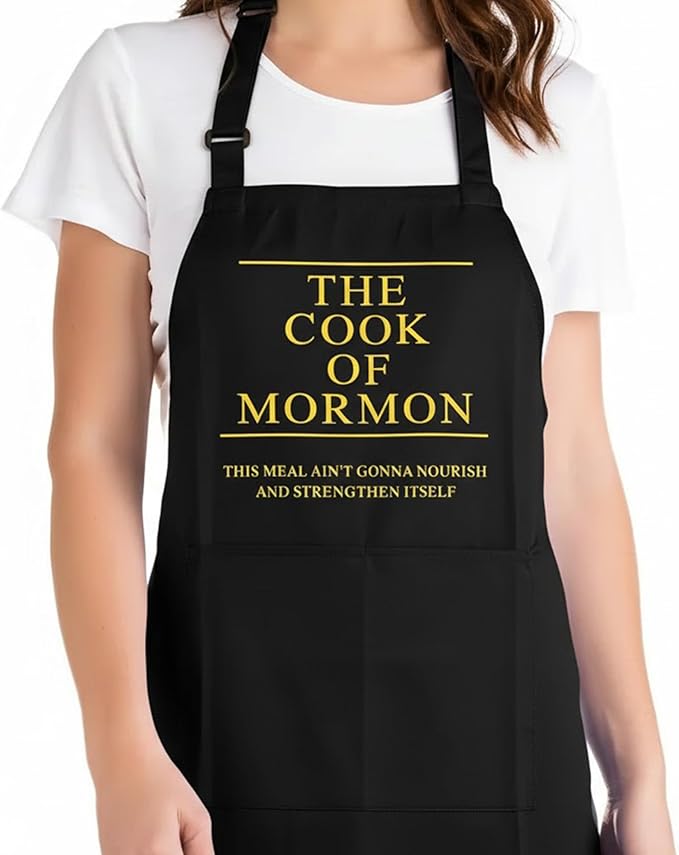 Cook of Mormon LDS Apron – Waterproof, Adjustable Neck Strap, Large Pocket, Funny Kitchen Apron for BBQ or Home Use