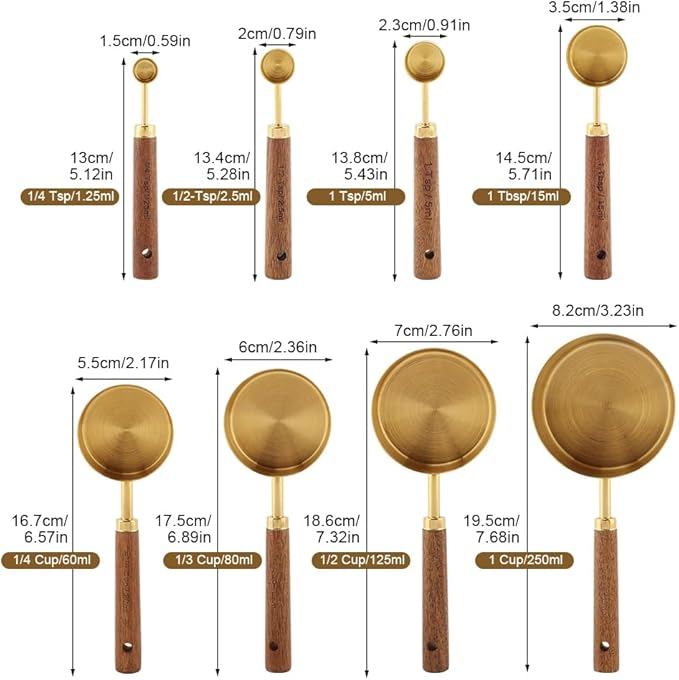 8Pcs Measuring Cups and Spoons Set, Stackable Measuring Cups with Wooden Handle, Stainless Steel Kitchen Measure Supplies Kit for Baking, Cooking(COLOR:gold+brown)