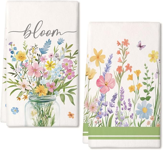 Purple Flower Spring Kitchen Towels Set of 2,Bloom Butterfly Pink Dish Hand Towels Farmhouse Indoor Outdoor Holiday Seasonal Decorations DD090
