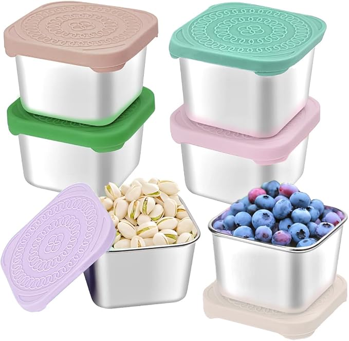 HTEVW 6Pack Stainless Steel Snack Containers for Kids, Easy Open Leak Proof Metal Toddler Snack Containers with Silicone Lids, Stackable Metal Toddler Lunch Box for Daycare, School and Travel (6oz)