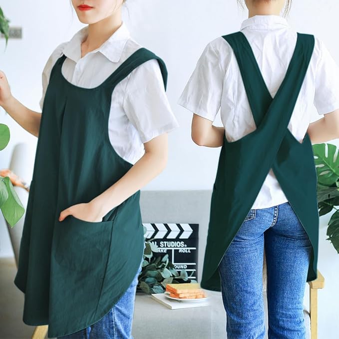NEWGEM Japanese Cotton Linen Cross Back Cooking Apron for Women Men with Pockets Cute for Baking Kitchen