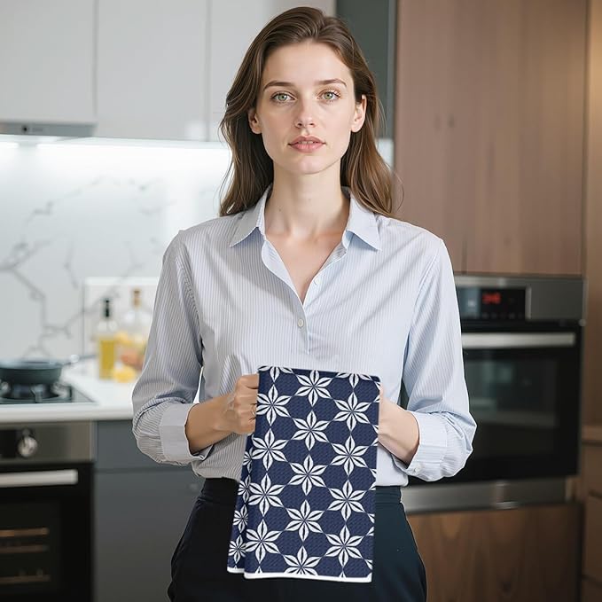 4 Pcs Blue Flower Artistic Kitchen Towels, Blue Flower Absorbent Tea Hand Towel, Microfiber Dish Cloths for Drying Dishes, Waffle Dish Towels for Kitchen Bathroom, Housewarming Gifts