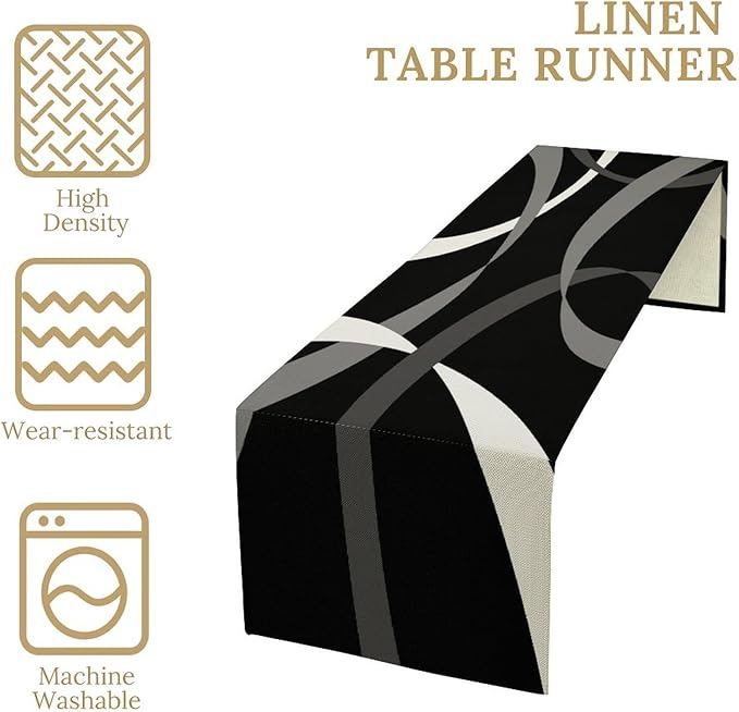 Gray Abstract Geometric Table Runner Grey and White Striped Black Background Modern Kitchen Dinner Runner for Indoor Home Living Room Party Dining Table Decoration 13"x60"