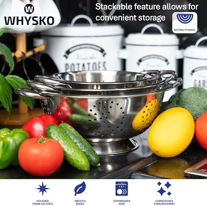 Whysko 3 Pack Stainless Steel Colanders with Handles - 5 Qt, 3 Qt, 1 Qt - Durable Colander for Kitchen Strainers and Colanders Set - Ideal Metal Colander for Pasta, Vegetables, Food Prep