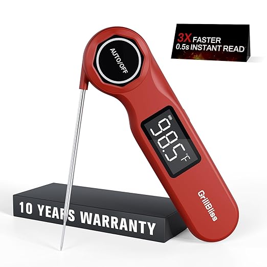 Instant Read Meat Thermometer, GrillBliss USB-C Rechargeable Digital Food Thermometer with 0.5s Fast Read & ±0.5℉ Accuracy, VA LCD Display, Cooking Thermometer for BBQ, Grill, Candy, Brewing