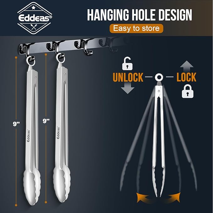 Eddeas 2PCS 9inch Tongs for Cooking - Heat Resistant 600 Degree Kitchen Tongs, Heavy Duty All Metal Food Tongs, Stainless Steel and Non-Slip handle, Salad, Grilling, Barbecue, Dishwasher safe