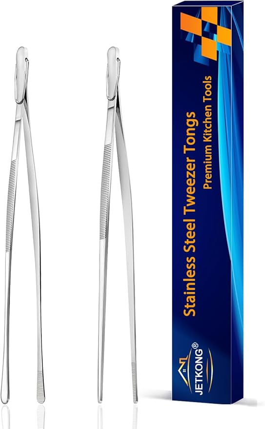 JETKONG 2 Pcs 9-Inch Kitchen Tweezers Cooking Tweezers Stainless Steel Tweezers Tongs (Silver)