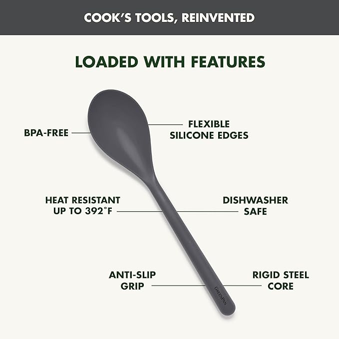 GreenPan Silicone Solid Spoon, Mixing Stirring Serving, Cooking Kitchen Utensil, Flexible Rubber Nonstick Cookware, Rigid Steel Core, Heat-Resistant, Anti-Slip Handle, BPA-Free, Dishwasher Safe, Gray