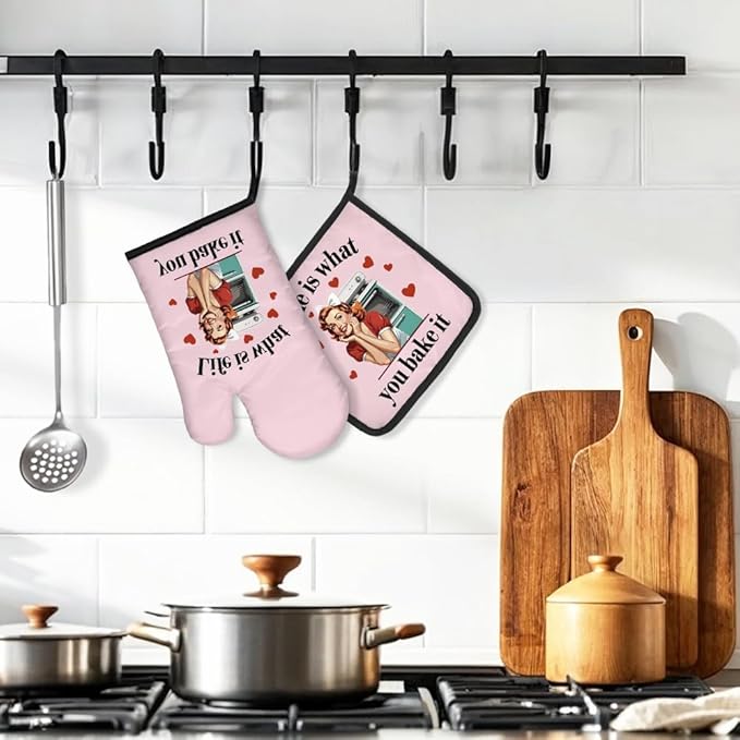 DYJYBMY Life is What You Bake It Funny Oven Mitts and Pot Holder Set for Baking Cooking, Bake Lover Gifts, Vintage Lady Kitchen Gadgets for Women, Hostess Baking Gifts for Mom Sister BFF Chef Friend
