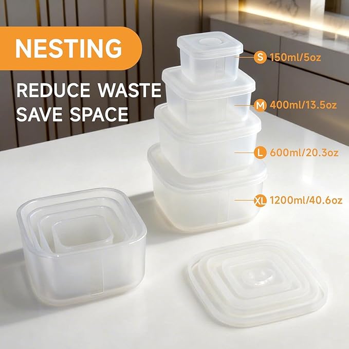 OTB Set of 4 Reusable Silicone Containers Clear, Nesting Leak-free Silicone Food Storage Boxes, BPA Free, Airtight, Dishwasher and Freezer Safe (Clear XL+L+M+S)
