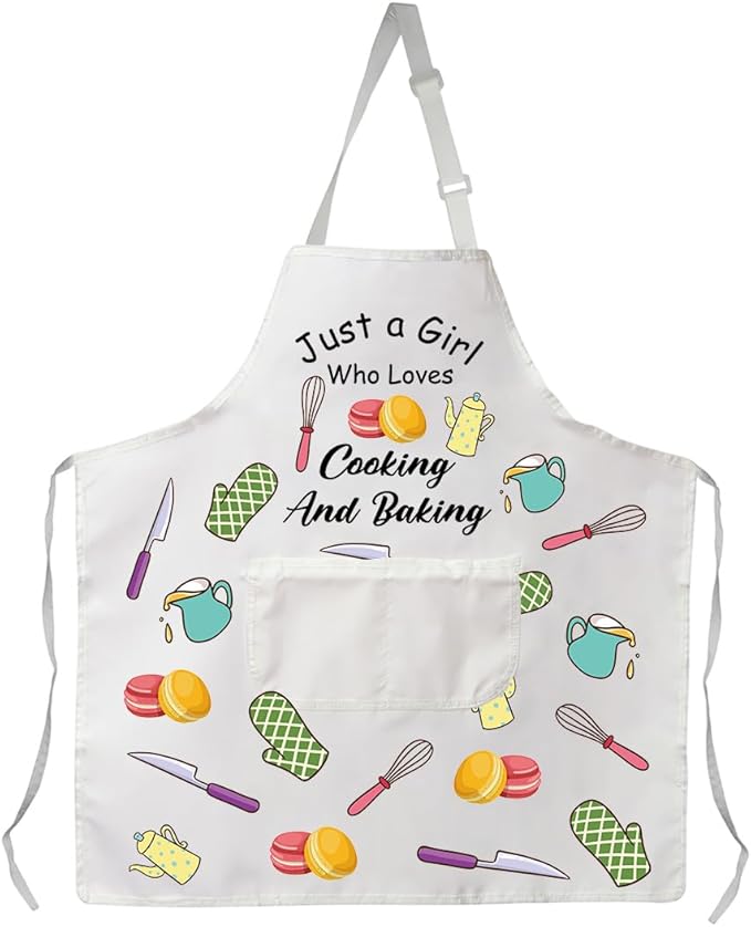 VAMSII Cooking Apron with Pockets Girls Chef Apron BBQ Baking Kitchen Apron for Girl Just a Girl Who Loves Cooking and Baking